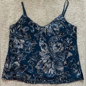 White House Black Market Blue Sequin Floral Cami Tank Size XL Tank Top